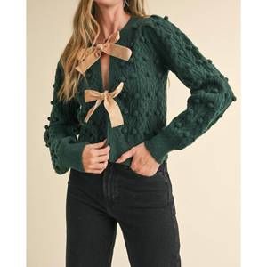 NEW &MERCI bow long sleeve cardigan in hunter green